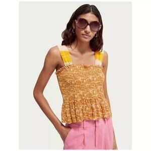 Scotch And Soda Smocked Seersucker Tank Top Womens Sz Small $148 Yellow Orange